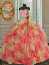 Dramatic Multi-color Ball Gowns Sweetheart Sleeveless Organza Floor Length Lace Up Beading and Ruffles and Sashes ribbons Quince Ball Gowns