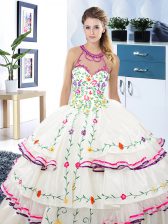 Dynamic White Lace Up Halter Top Embroidery and Ruffled Layers Sweet 16 Dress Organza and Taffeta Sleeveless