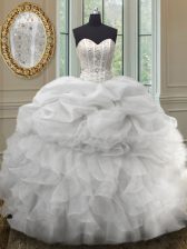 Sexy Sleeveless Organza Floor Length Lace Up Quinceanera Gowns in White with Beading and Ruffles and Pick Ups