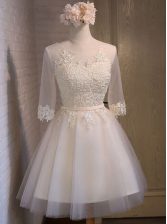 New Arrival Scoop Half Sleeves Mini Length Lace Up Prom Dress White for Prom with Appliques
