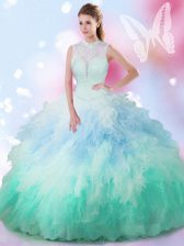 Dynamic Multi-color Ball Gowns High-neck Sleeveless Tulle Floor Length Lace Up Beading and Ruffles 15 Quinceanera Dress