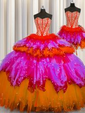  Three Piece Visible Boning Multi-color Sweetheart Lace Up Beading Quinceanera Gowns Sleeveless