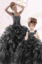 Edgy One Shoulder Floor Length Lace Up Sweet 16 Quinceanera Dress Black for Military Ball and Sweet 16 and Quinceanera with Beading and Ruffles