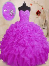 Traditional Purple Ball Gowns Beading and Ruffles Quinceanera Gowns Lace Up Organza Sleeveless Floor Length