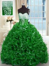 Comfortable Brush Train Ball Gowns Quinceanera Gowns Green Sweetheart Organza Sleeveless With Train Lace Up
