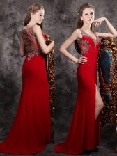  Sleeveless Chiffon With Brush Train Zipper Prom Dresses in Red with Appliques