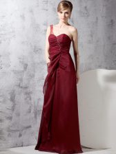  One Shoulder Burgundy Chiffon Zipper Sleeveless Floor Length Beading and Ruching