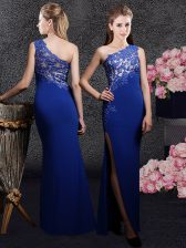 Suitable One Shoulder Royal Blue Sleeveless Lace and Appliques Floor Length Prom Gown