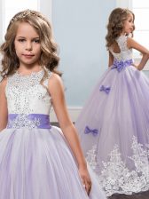 Fantastic Scoop Sleeveless Brush Train Lace Up Little Girls Pageant Gowns Lavender Tulle