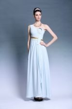Exceptional Light Blue Empire Chiffon One Shoulder Sleeveless Ruching and Belt Floor Length Backless Prom Dress