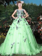 Sweet Scoop Apple Green Sleeveless Brush Train Appliques Vestidos de Quinceanera