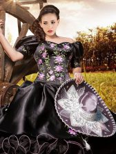 Adorable Off the Shoulder Short Sleeves Floor Length Lace Up Quinceanera Gown Black for Military Ball and Sweet 16 and Quinceanera with Embroidery and Ruffles