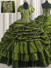 Custom Design Ruffled Olive Green Short Sleeves Taffeta Brush Train Lace Up Sweet 16 Quinceanera Dress for Military Ball and Sweet 16 and Quinceanera