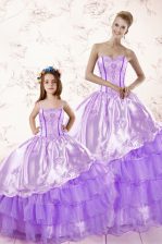 Stunning Floor Length Lace Up Quinceanera Gowns Lavender for Military Ball and Sweet 16 and Quinceanera with Embroidery and Ruffled Layers