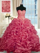 Delicate Red Ball Gowns Beading and Pick Ups Quinceanera Dress Lace Up Organza Sleeveless With Train