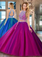 Scoop Floor Length Two Pieces Sleeveless Fuchsia Vestidos de Quinceanera Backless