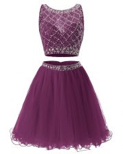 Delicate Purple Side Zipper Beading and Belt Sleeveless Mini Length