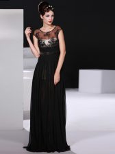 Inexpensive Black Empire Chiffon Scoop Sleeveless Appliques Floor Length Backless Prom Dress