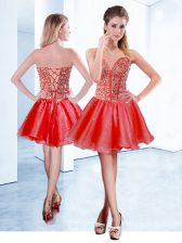 Sophisticated V-neck Sleeveless Evening Dress Mini Length Beading Red Organza