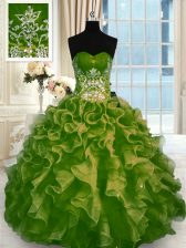  Sweetheart Sleeveless Sweet 16 Quinceanera Dress Floor Length Beading and Ruffles Olive Green Organza