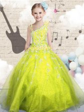  Sleeveless Beading and Appliques and Hand Made Flower Lace Up Kids Pageant Dress