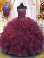 High End Sleeveless Floor Length Beading and Ruffles Lace Up Quince Ball Gowns with Burgundy