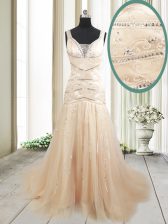  Mermaid Champagne Straps Lace Up Ruching Evening Dress Sweep Train Sleeveless