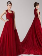  Straps Wine Red Sleeveless Appliques Side Zipper Evening Dress