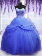  Blue Sleeveless Floor Length Beading and Bowknot Lace Up Quinceanera Gown