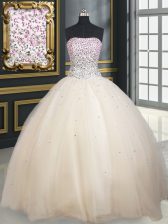 Modern Sleeveless Tulle Floor Length Lace Up Sweet 16 Quinceanera Dress in Champagne with Beading