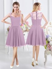Top Selling Lavender Straps Neckline Lace Damas Dress Cap Sleeves Zipper