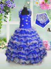 New Arrival Ruffled Ball Gowns Girls Pageant Dresses Royal Blue Straps Organza Sleeveless Floor Length Lace Up