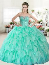 Affordable Apple Green Organza Lace Up Sweetheart Sleeveless Floor Length 15th Birthday Dress Beading
