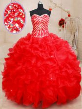  Red Sleeveless Floor Length Beading and Ruffles Lace Up 15 Quinceanera Dress