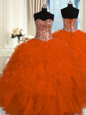 Edgy Sleeveless Floor Length Beading and Ruffles Lace Up 15th Birthday Dress with Red
