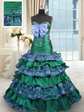  Sleeveless Appliques and Embroidery and Ruffled Layers and Bowknot Lace Up Sweet 16 Dresses with Dark Green Brush Train