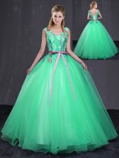  Turquoise Ball Gowns V-neck Sleeveless Tulle Floor Length Lace Up Appliques and Belt Quince Ball Gowns