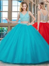 High End Aqua Blue Sleeveless Brush Train Beading With Train Sweet 16 Dresses