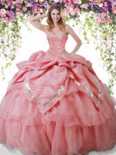 Amazing Watermelon Red Sleeveless Floor Length Beading and Pick Ups Lace Up Vestidos de Quinceanera