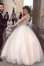  White A-line Tulle High-neck Sleeveless Beading Floor Length Zipper Prom Evening Gown