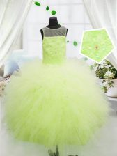 Popular Floor Length Yellow Green Girls Pageant Dresses Scoop Sleeveless Zipper