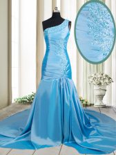 Pretty Mermaid One Shoulder Baby Blue Sleeveless Elastic Woven Satin Brush Train Zipper for Prom