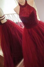  With Train Burgundy Homecoming Dress Halter Top Sleeveless Sweep Train Backless