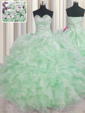 Discount Sleeveless Organza Floor Length Lace Up Quinceanera Gown in Apple Green with Beading and Ruffles