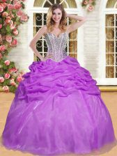 Perfect Sweetheart Sleeveless Quinceanera Gown Floor Length Beading and Pick Ups Eggplant Purple Organza