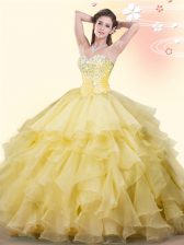 Dramatic Yellow 15th Birthday Dress Military Ball and Sweet 16 and Quinceanera with Beading and Ruffles Sweetheart Sleeveless Lace Up