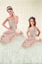 Custom Designed Pink And White Organza and Taffeta Lace Up 15 Quinceanera Dress Sleeveless Floor Length Beading and Ruffled Layers and Hand Made Flower