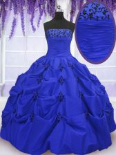 New Arrival Royal Blue Taffeta Lace Up Strapless Sleeveless Floor Length Ball Gown Prom Dress Embroidery and Pick Ups