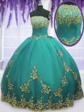  Aqua Blue Tulle Zipper Strapless Sleeveless Floor Length Sweet 16 Quinceanera Dress Appliques