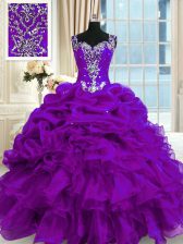  Straps Sleeveless Quinceanera Dresses Floor Length Beading and Ruffles and Pick Ups Purple Organza